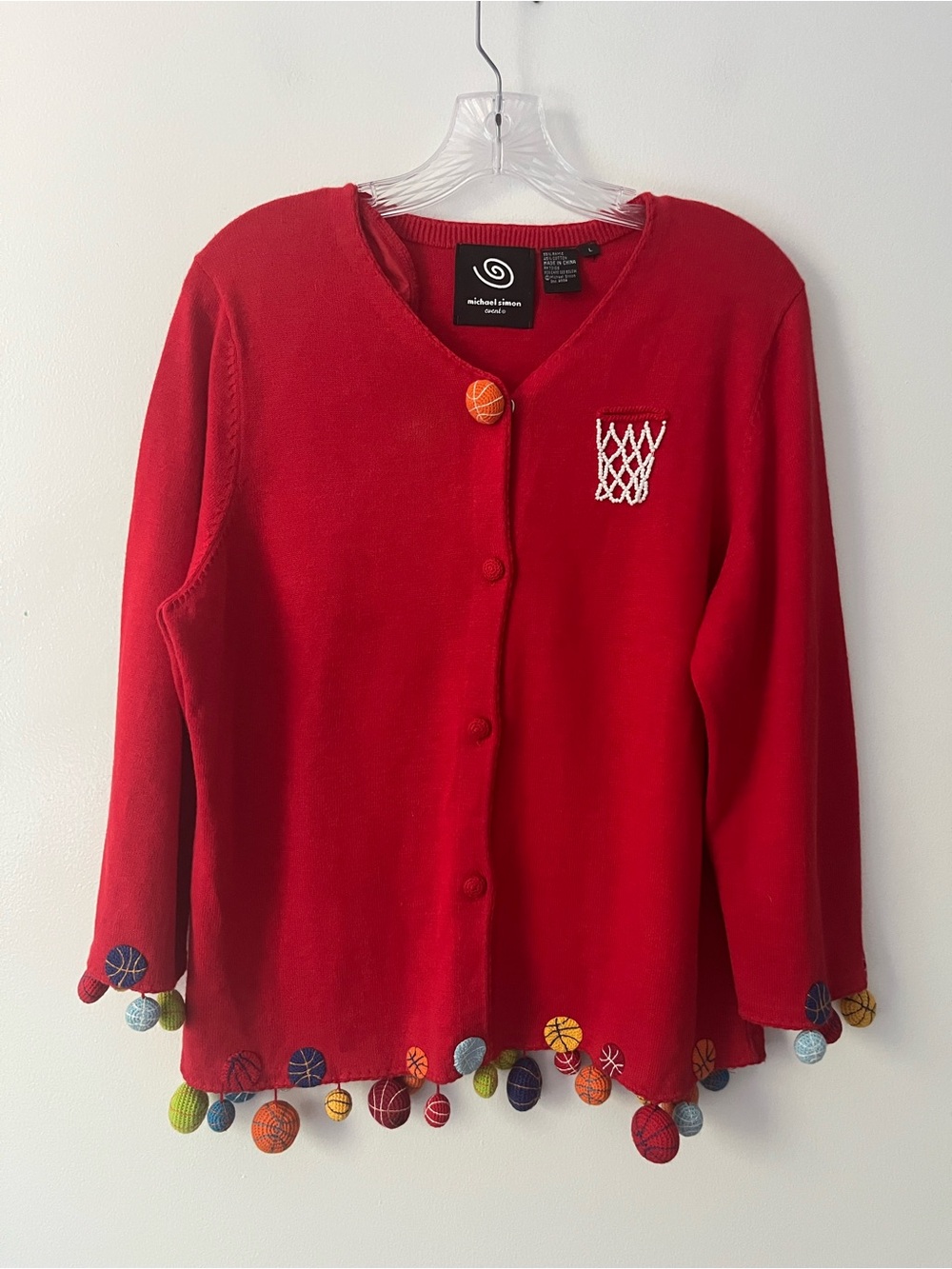 Vntg Michael Simon Basketball Cardigan Sweater Novelty Knit Kitsch Large